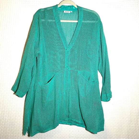 Masai Size S Cover Up Cardigan Mesh Open Weave Knit 2-Buttons Pockets Green - Picture 1 of 12
